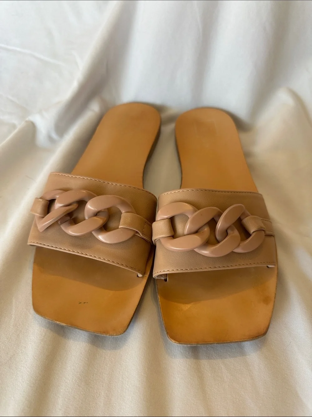 ShuShop Tan Chain-Accent Slide Sandals - Women